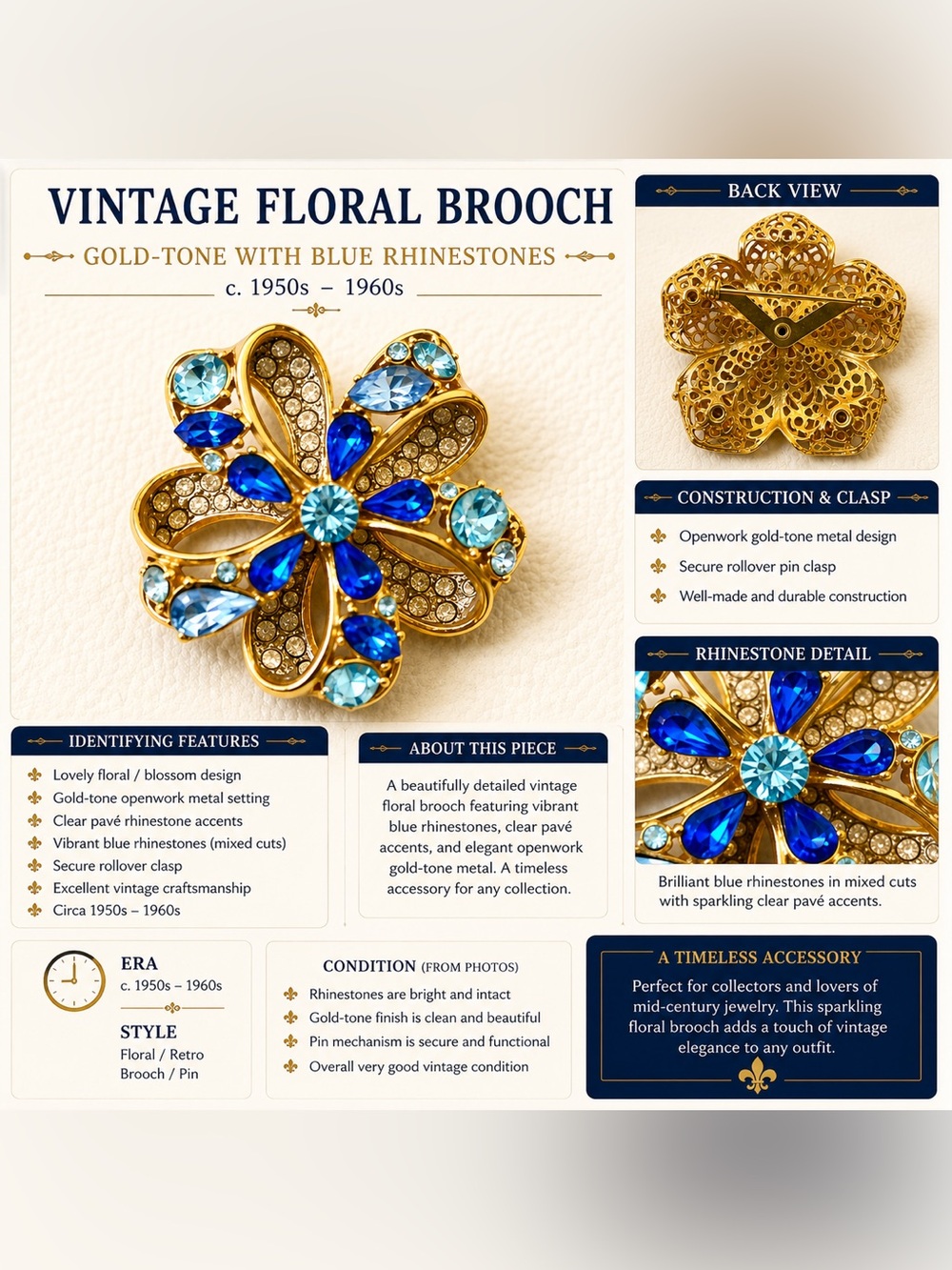 Vintage Gold-Tone Floral Brooch with Blue Rhinestones